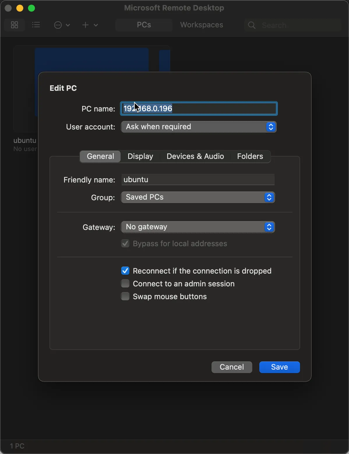 RDP connection
