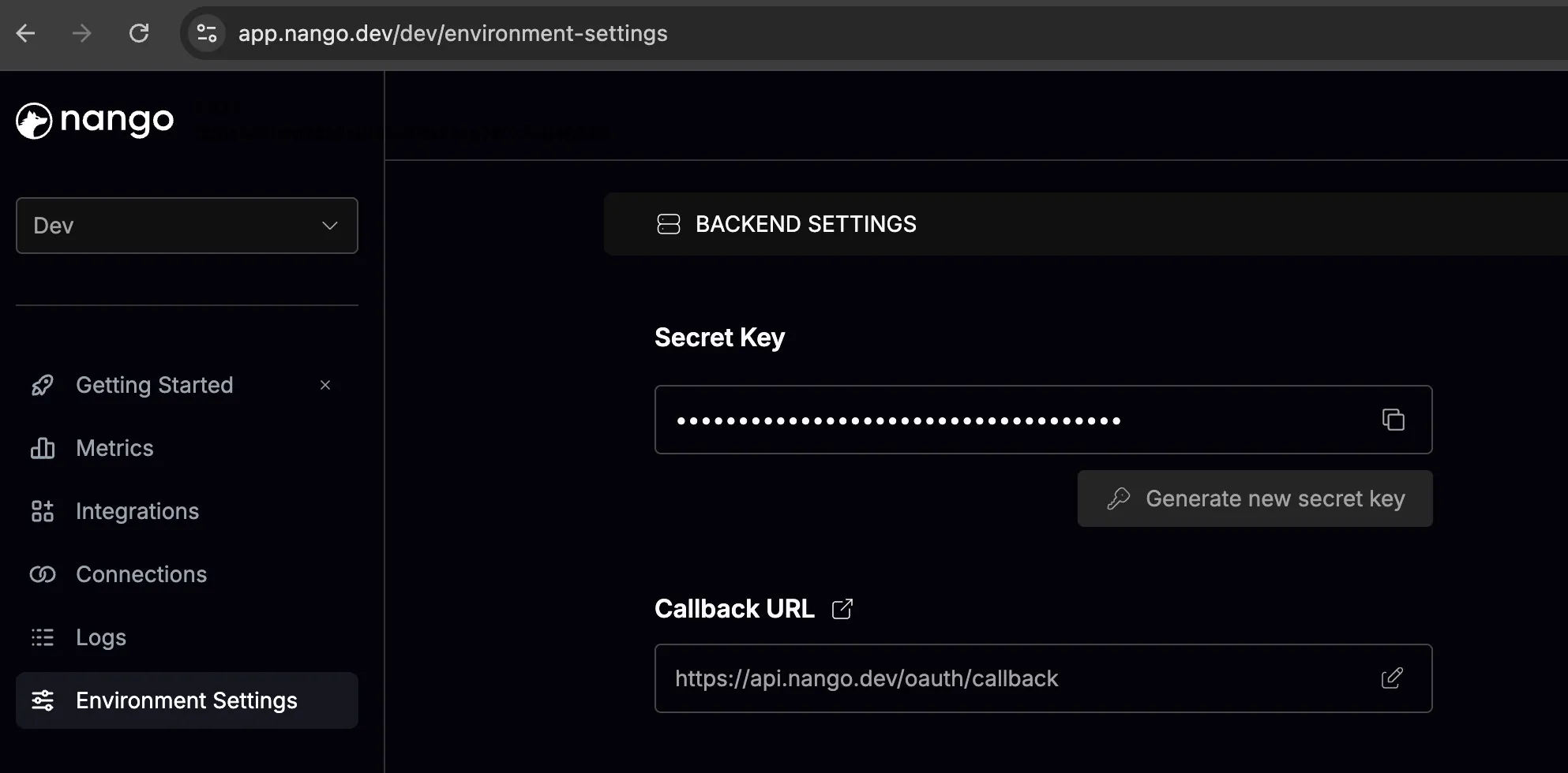 Nango environment settings